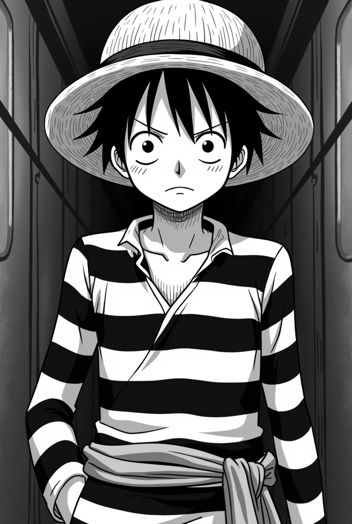 Monkey D. Luffy in prison uniform black and white striped long sleeves Original anime One Piece