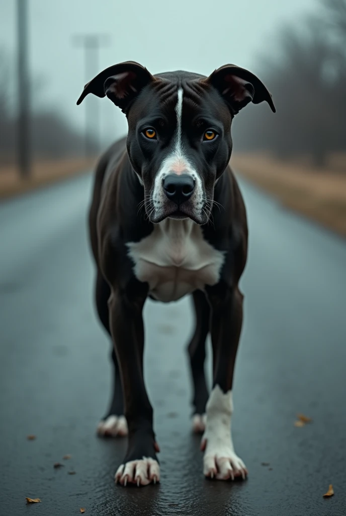 (photorealism:1.2), adult, pitbul dog, black en white, one blue eye and one brown eye, abandoned in the road, ears down, pivk uo color gray drivig away