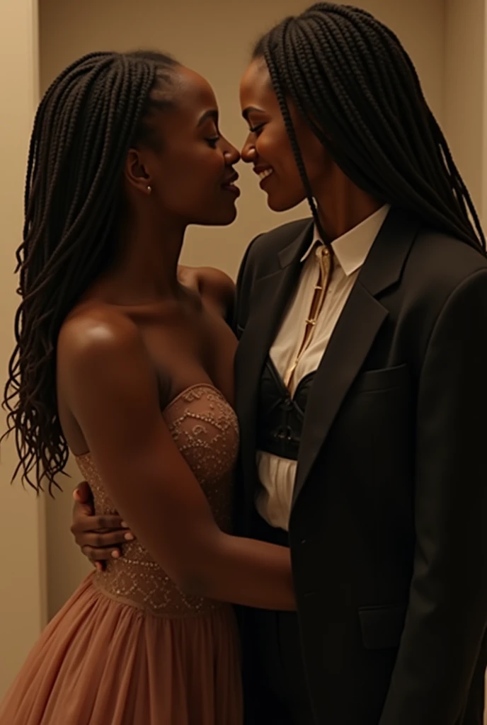 Lesbian couple black women hugging kissing.
A black woman wearing a dress and her hair in loose braids.
The other woman in formal wear, suit and white shirt, bra, appearing in 16x9 image format
