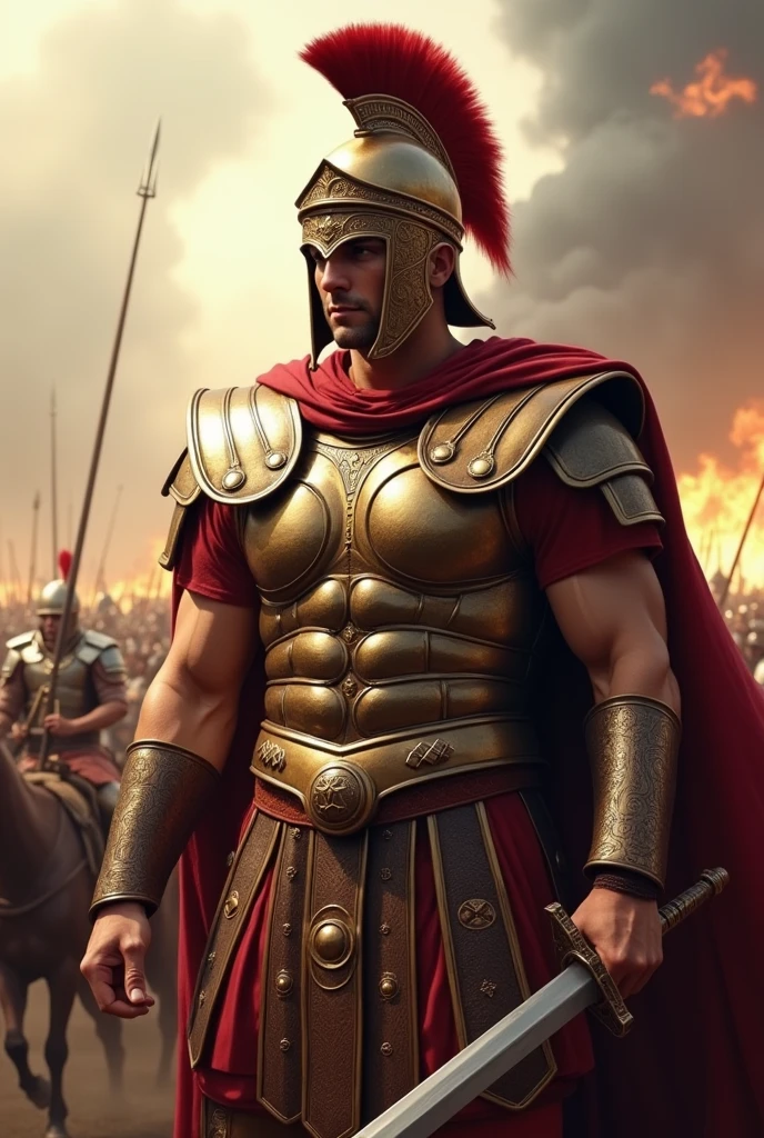 Create me a picture of a Roman warrior on the battlefield