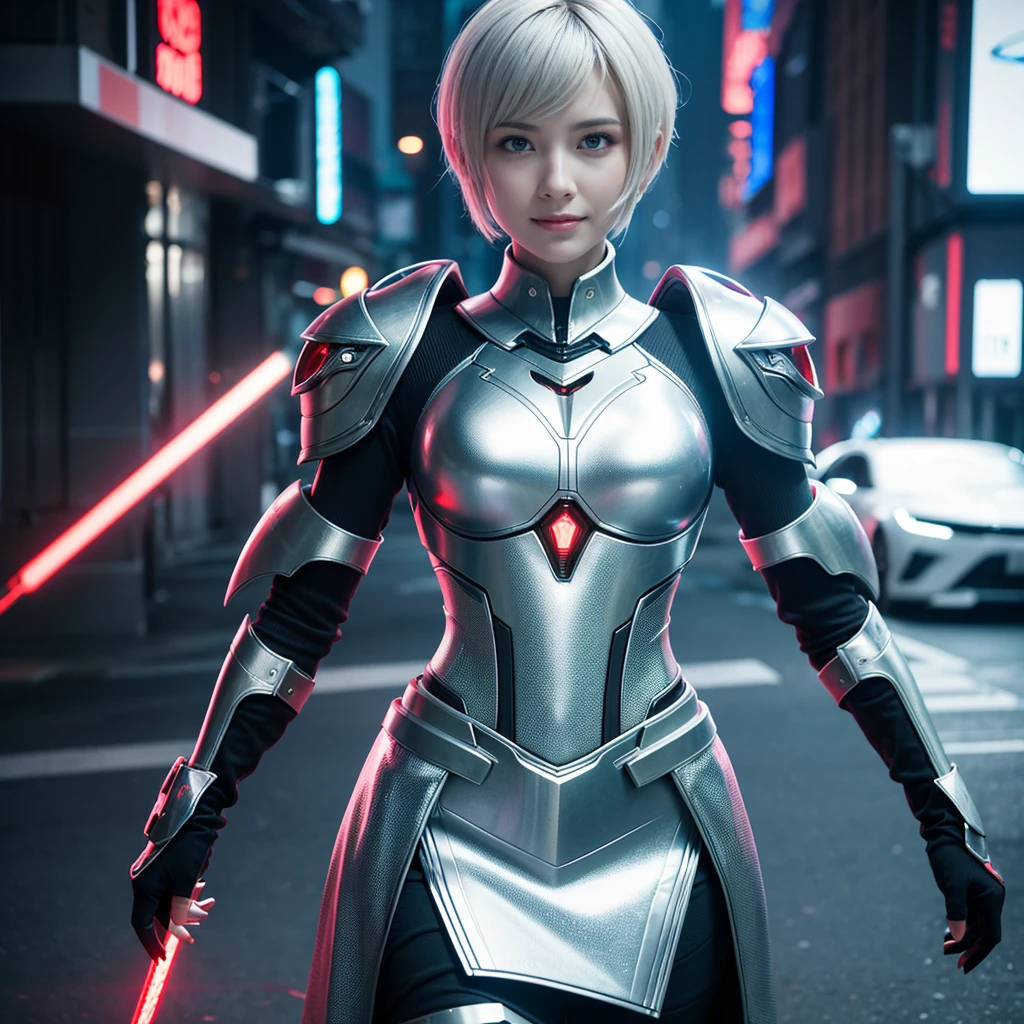 Game Art,Best image quality,最High resolution,8k,((Bust photo)),((Portraiture)),(Three-part method),Unreal Engine 5 rendering, (Future Girl),(Female Warrior),22 year old girl,(White man with short hair),(Beautiful eyes with attention to detail),(Big Breasts),Elegant and attractive,smile,(Frowning),(Clothes full of futuristic sci-fi style,sweater,Delicate pattern,Shining Jewels,armor,White and red),Cyberpunk characters,Futuristic Style, Photo pose,Street Background,Cinema Lighting,Ray Tracing,Game CG,((3d unreal engine)),OC Rendering Reflective Pattern 1, solo, Reality, Gentle colors, Romanticism, Godley, smile, happiness/joy, Ultra high definition, Textured skin, High-resolution model, High resolution,