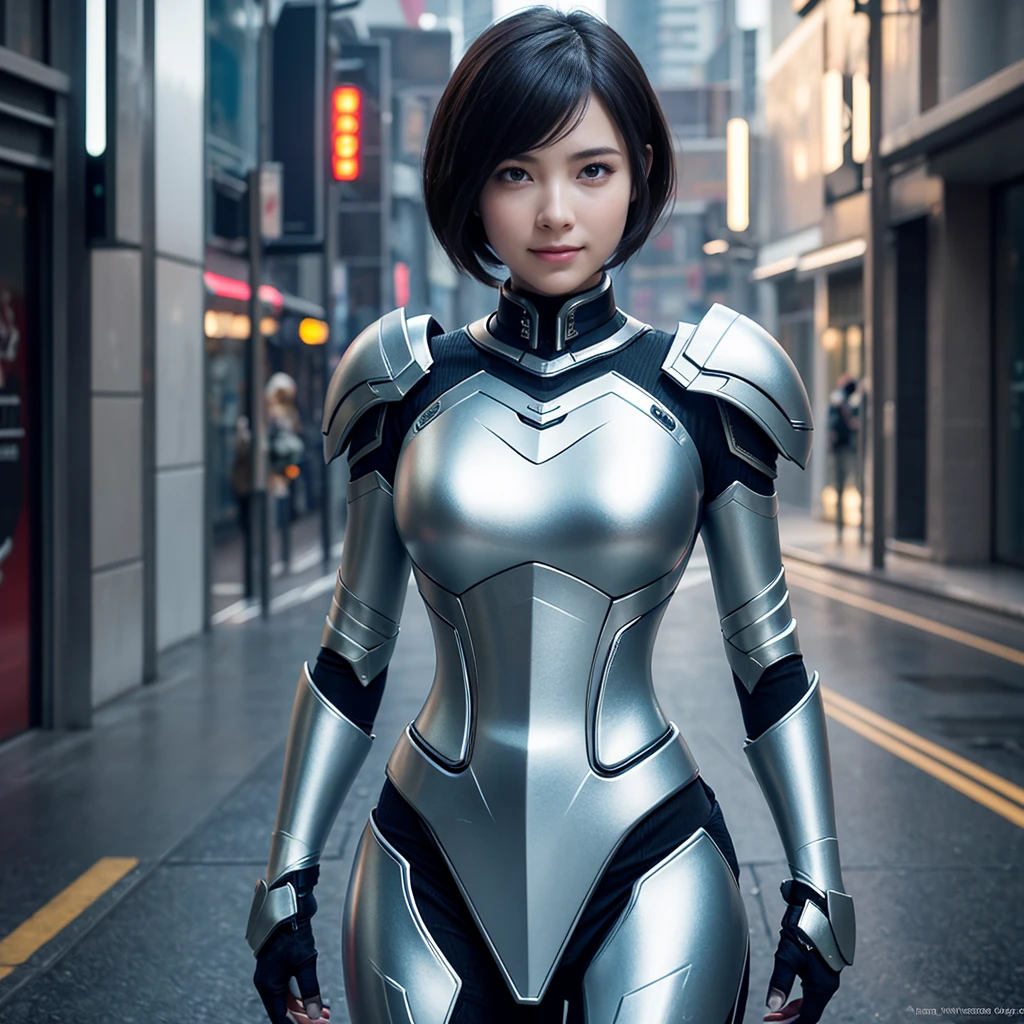 Game Art,Best image quality,最High resolution,8k,((Bust photo)),((Portraiture)),(Three-part method),Unreal Engine 5 rendering, (Future Girl),(Female Warrior),22 year old girl,(White man with short hair),(Beautiful eyes with attention to detail),(Big Breasts),Elegant and attractive,smile,(Frowning),(Clothes full of futuristic sci-fi style,sweater,Delicate pattern,Shining Jewels,armor,White and red),Cyberpunk characters,Futuristic Style, Photo pose,Street Background,Cinema Lighting,Ray Tracing,Game CG,((3d unreal engine)),OC Rendering Reflective Pattern 1, solo, Reality, Gentle colors, Romanticism, Godley, smile, happiness/joy, Ultra high definition, Textured skin, High-resolution model, High resolution,
