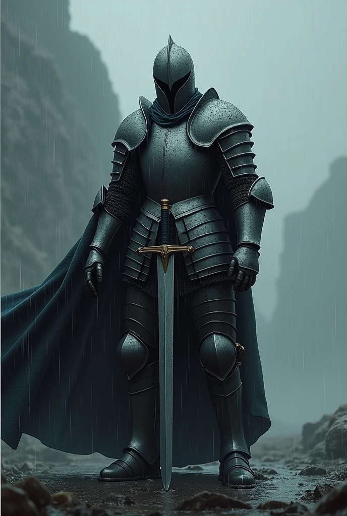 Knight with a sword in rain