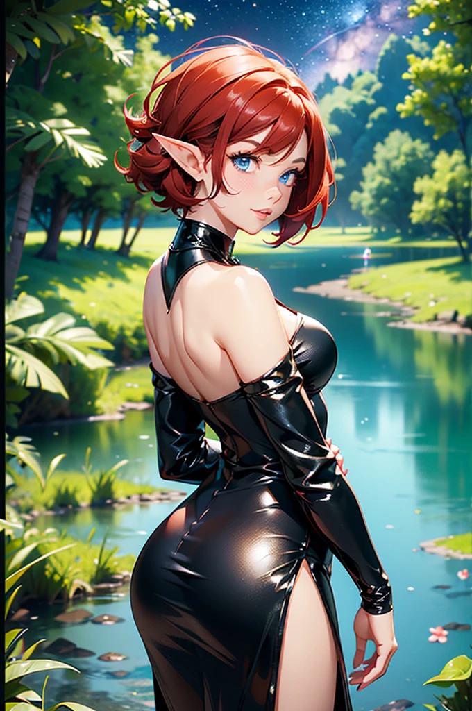 1girl, female elf, short red hair, blue eyes, curvy body, shines in a stunning black latex bodycon dress with a seductive plunging neckline, strapless, sleeveless, black high heels, standing in grassy field next to a starlit lake at night, hands resting on top of chest, full pouty lips, smile, pinup pose, looking back at viewer longingly, back view
