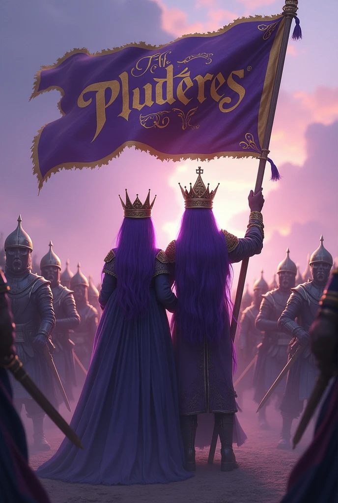 A purple haired man with a crown and a purple haired woman with a crown, holding the detailed flag with the word Plunderes in his hands and behind him his army of warriors 