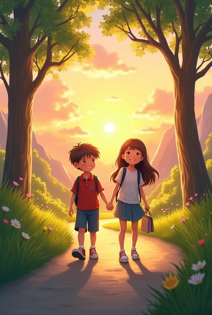 Image of and holding hands going to school landscape sunrise and trees
