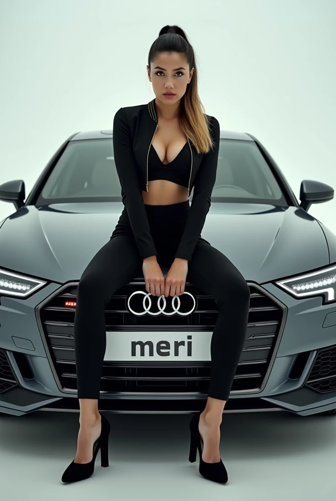  A woman with dark hair and a blonde ponytaildressed in an Audi outfit. She is sitting on the front cover of the Audi and instead of the registration number it says: Meri