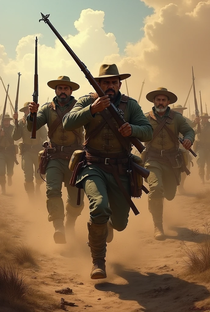 Mexican soldiers charge with muskets and machetes against the French