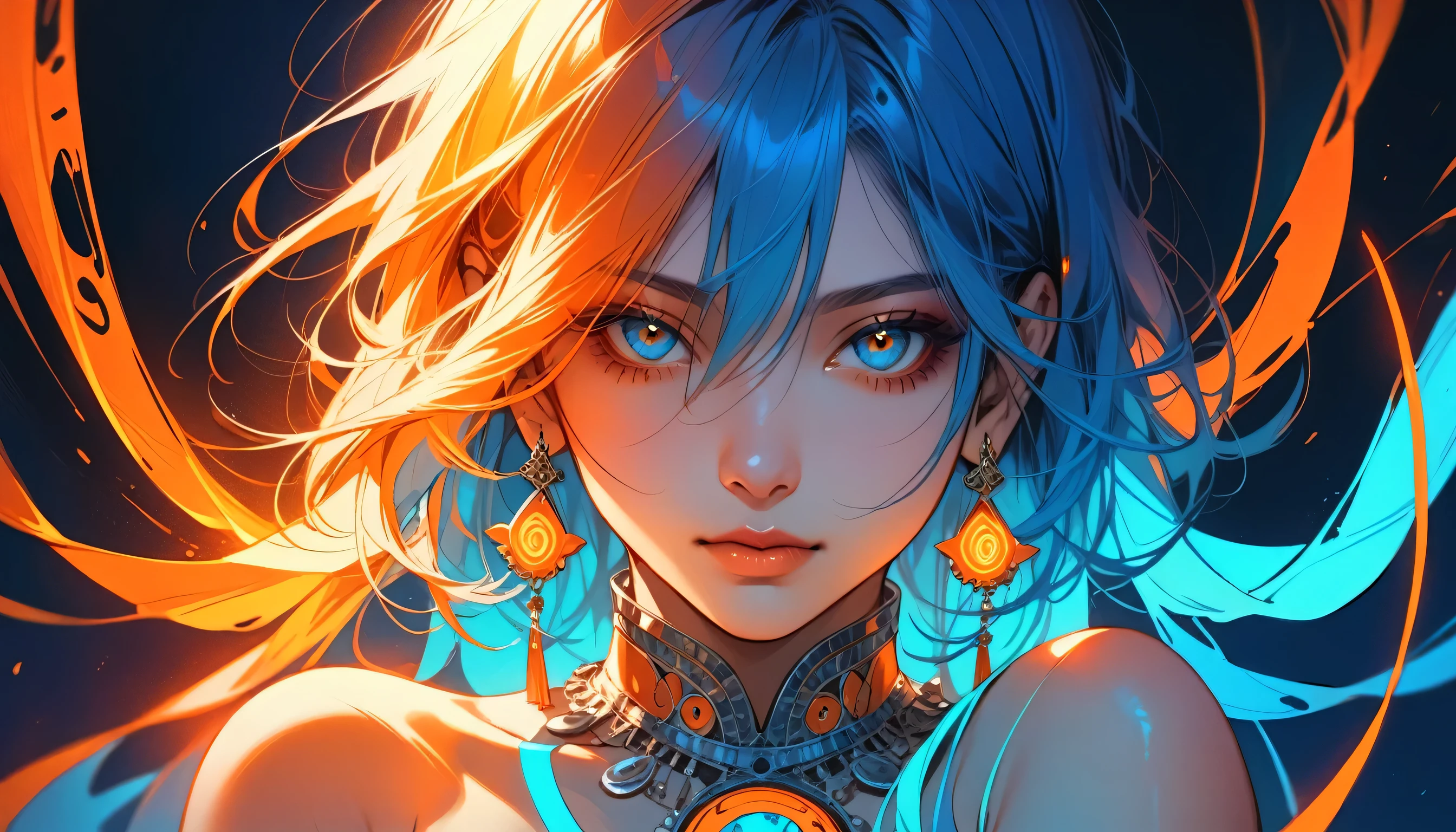Neon Art,Illustrator, anime , Realistic ,sketch, 1 person, ,lip,Bollywood,(masterpiece,Highest quality) Indian background, Orange and marine blue hair,Expressionless,Hanging eyes, (masterpiece,Highest quality) ,whole body,
