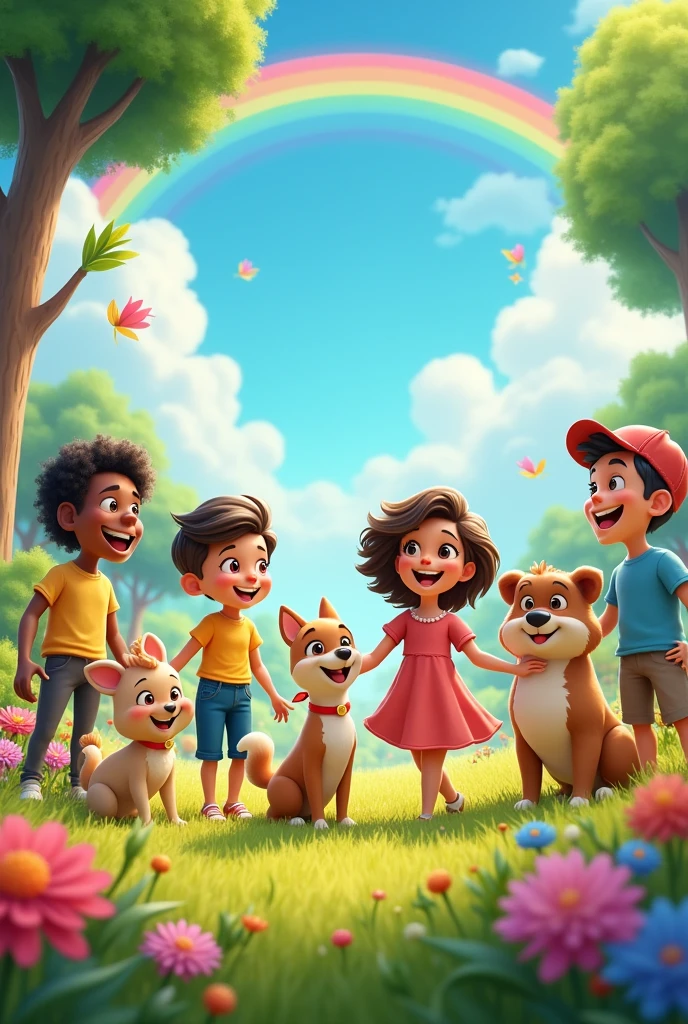 Image with text: "ethic, nature and societies" and some people and animals. Design as , Characters looking ahead and a very colorful landscape like in an open field, trees and rainbows. Animated design, very happy characters only pet animals
