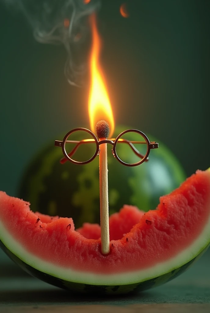 watermelon and burning matchstick wearing glasses