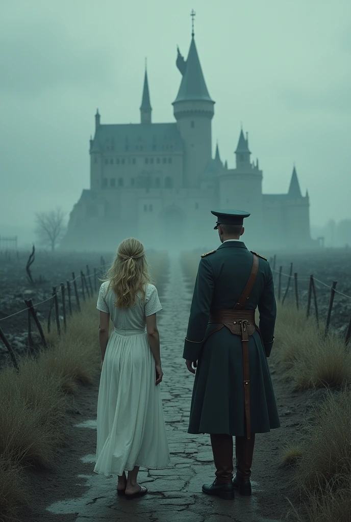 "Create an image of a devastated and bleak battlefield. At the center, show a lonely and worn path, reflecting the memory and weight of the past. to the left, a woman in a white dress, standing backwards, with blonde hair above the shoulders. On the right, a man in military uniform, with a gloomy expression. Ao fundo, An imposing castle, shrouded in an atmosphere of desolation and mystery. The setting should evoke a deep feeling of nostalgia and loneliness, with a cool color palette and lighting that suggests a glorious past now lost