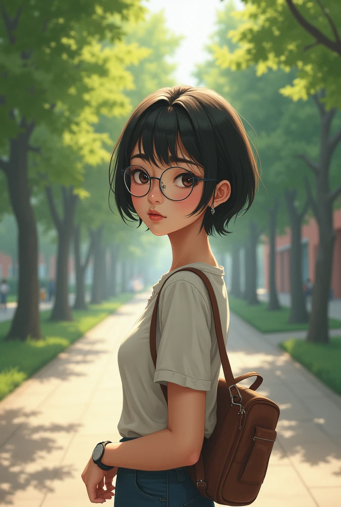 Asian girl looking back while she going to the class wearing round classes with short hair