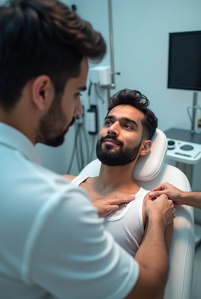 An image focusing both  on indian man doing permanent laser hair removal in a clinic