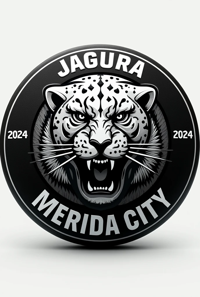 A round football shield with black and white colors with a jaguar in the center that has the word Mérida City at the bottom and 2024 on the sides
