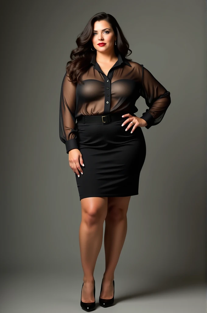 40 year old white thick woman with big boobs in a short tight pencil shirt and a white see through button up shirt with high heels and red lipstick