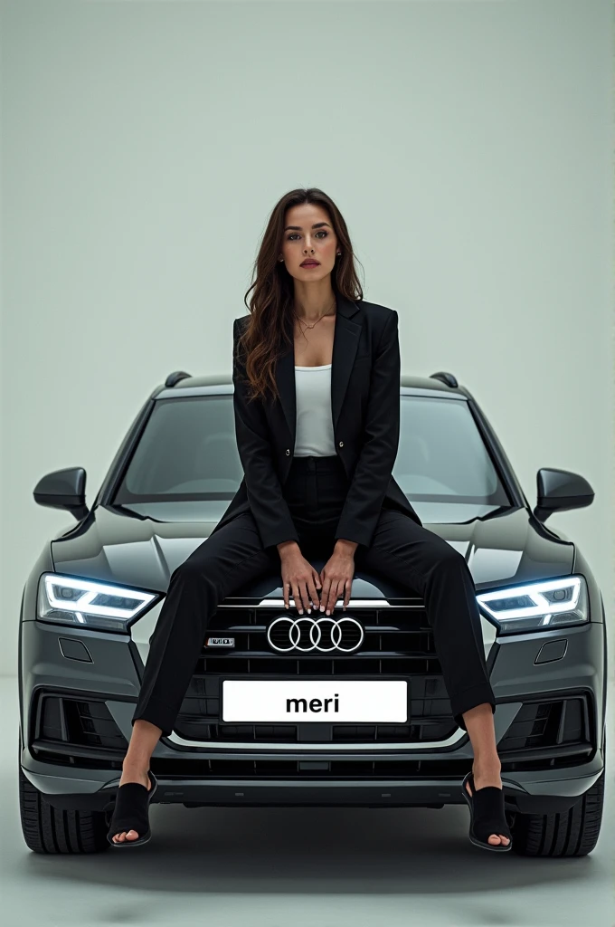  A woman dressed in an Audi outfit. She is sitting on the front cover of the Audi and instead of the registration number it says: Meri