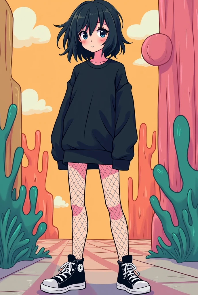 Human with medium cute hair in black skirt black sweatshirt blushing with fishnet tights and black converse dye Adventure Time style