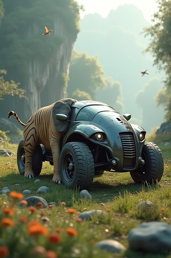 A car with an elephant's leg and a tiger's tail