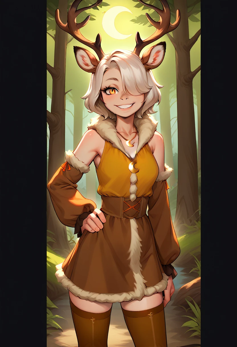 1girl,solo,deer girl,antlers,white hair,animal ears,tail,hair over one eye,orange eyes,slit pupils,crescent moon necklace,fur capelet,brown shirt,yellow bikini top,fur skirt,brown legwear,detached sleeves,
forest,outdoors,bare tree,fog,
looking at viewer,smile,hand up,v,hand on own hip,standing,back against tree,, score_9, score_8_up, score_7_up, perfect anatomy, source_anime, zPDXL2,