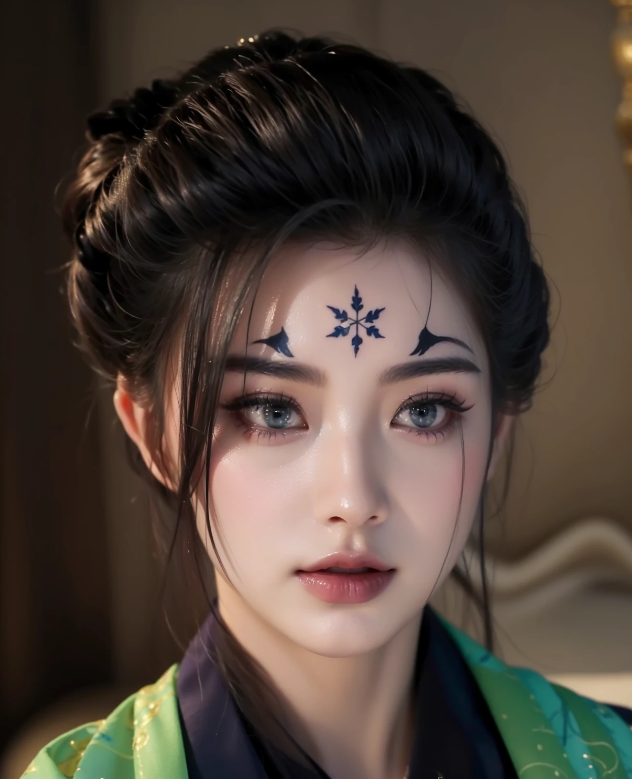 Royal sisters，Exquisite eyes，Frozen Queen，Put the crown on your head，Detailed facial expressions body，Tall and big，Glamorous characters，Leg length，4K，HD，Sensual，White translucent lace，白皙full image，Little cherry mouth，Beautiful and lovely，full image，Glossy Gel Coat，Vampire Queen in luxurious robes，Have a tattoo(Intricate tattoo designs)，Ice Princess，Rich facial details，Angel，Eyes are blue(Pupils as deep as the starry sky)，Silk printed clothes，Necklace gold，Chinese Hanfu，Black Myth