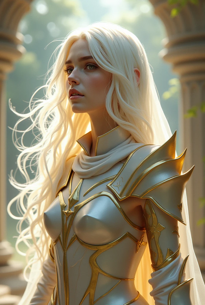 A pale-skinned Aasimar, pearly and wavy hair, armor in celestial tones, eyes covered by a band and a veil of devotion attached to her head 