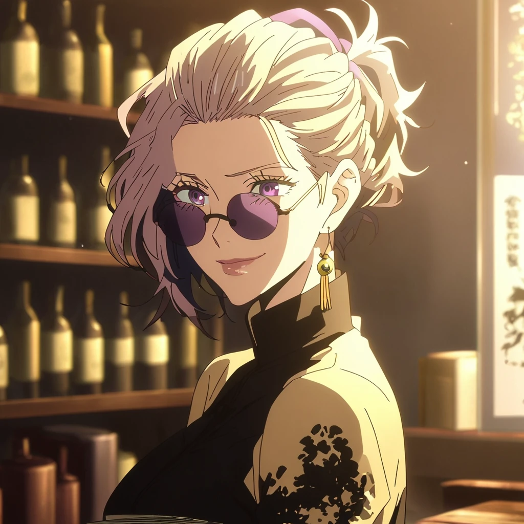 1girl, female gojo satoru, anime screencap from jujutsu kaisen, gojo satoru female version, solo, long_hair, ((purple eyes)) ((Black_hair, hair over ear from one side))((slicked hair)) , night view, (hanging breasts) upper_body, smile, indoors, book, lips, (long hair) ((wearing black colour outfit, glossy)) breast, "very detailed and high resolution" (purple eyes) ((solo)) (((front view))) (earings) ((high resolution)) ((good quality)) ((silky hair, hair over ear from one side))((hair slicked)) ((shy))