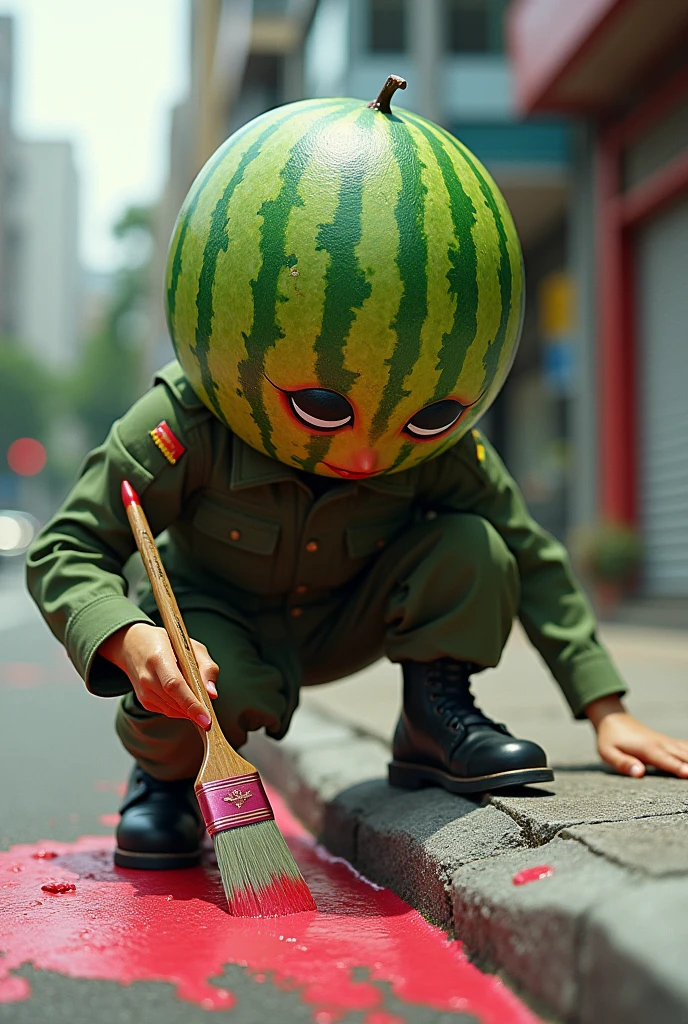 Brazilian Army soldier, in the shape of a watermelon painting the curb.