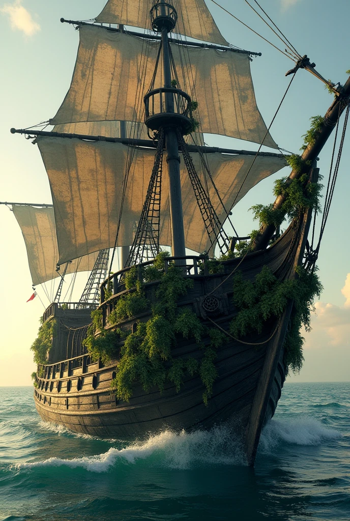 Old pirate ship with algae on the front and no skulls