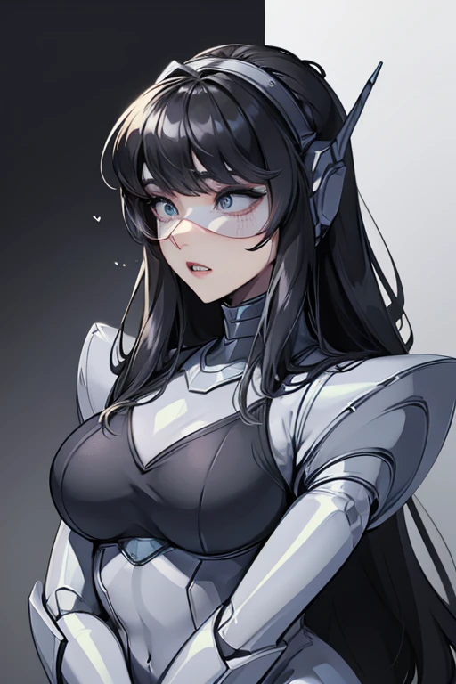 empty eyes,robotized woman ,big bust,Robot Joint ,Metal skin,Black Suit,long hair,a suit that covers the whole body,mechanization,robot, antenna