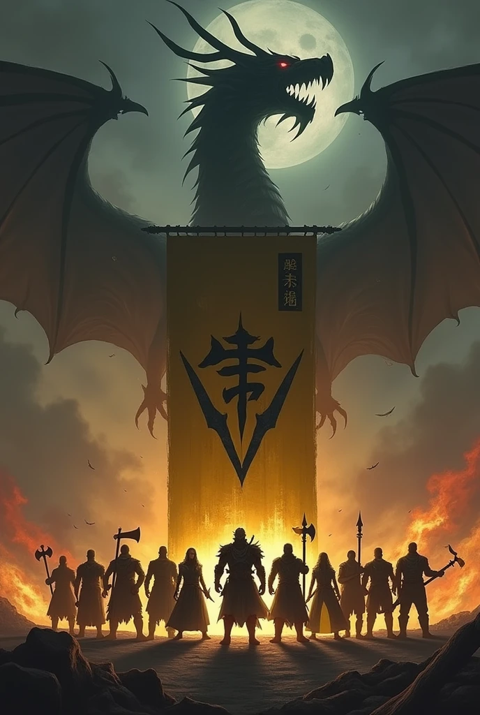 Create me an image in horizontal format that will be used as a cover for a video game guild. The image should have a somber and dark tone, with flames rising from the ground in shades of yellow and red, keeping that dark tone. From far behind should emerge the shadow of an oriental dragon. From the floor should anchor a banner, with a dark yellow flag, in the middle of the flag should be a thick v-shaped line extending from side to side, and in the center, above that line should be the black symbol of an oriental dragon. Finally, before the flames there should be 8 warriors in the style of World of Warcraft or Albion Online, wearing dark clothes and weapons such as axes, swords, ice and fire mage staffs, spears, and staffs. And finally below the image the following text "Welcome to Umbra Draconum". Centered text, first smaller the "Welcome to" and underneath bigger and more imposing the text "Umbra Draconum".