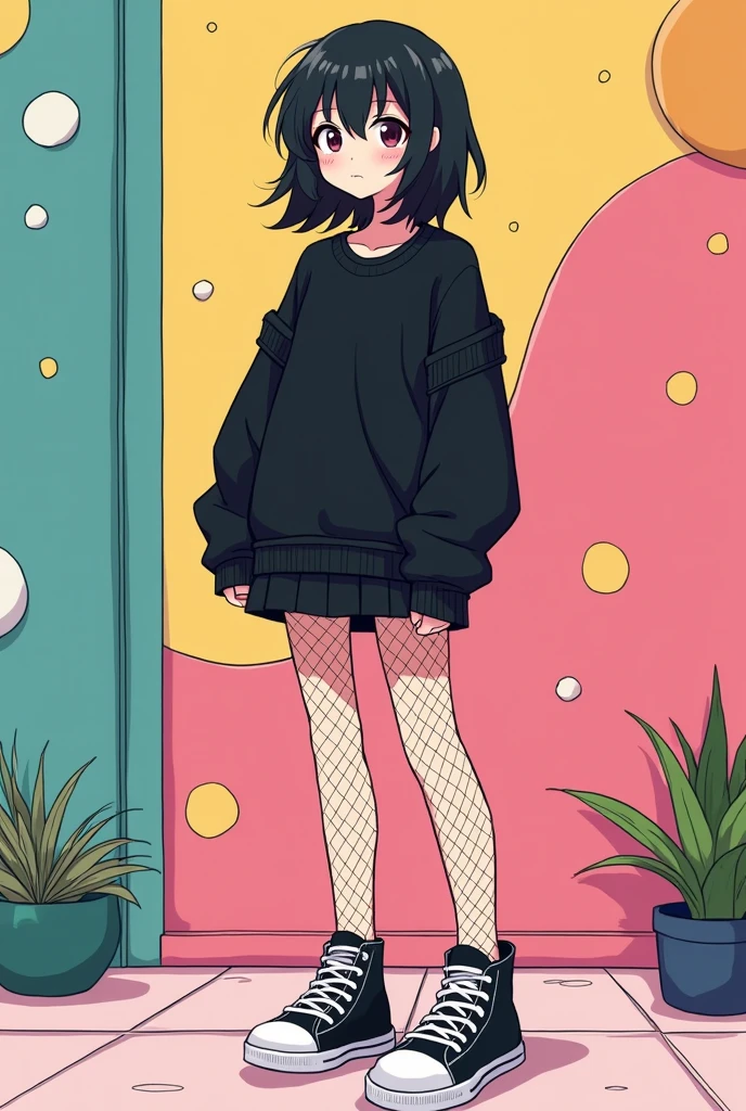 Human with medium cute hair in black skirt black sweatshirt blushing with fishnet tights and black converse dye Adventure Time style