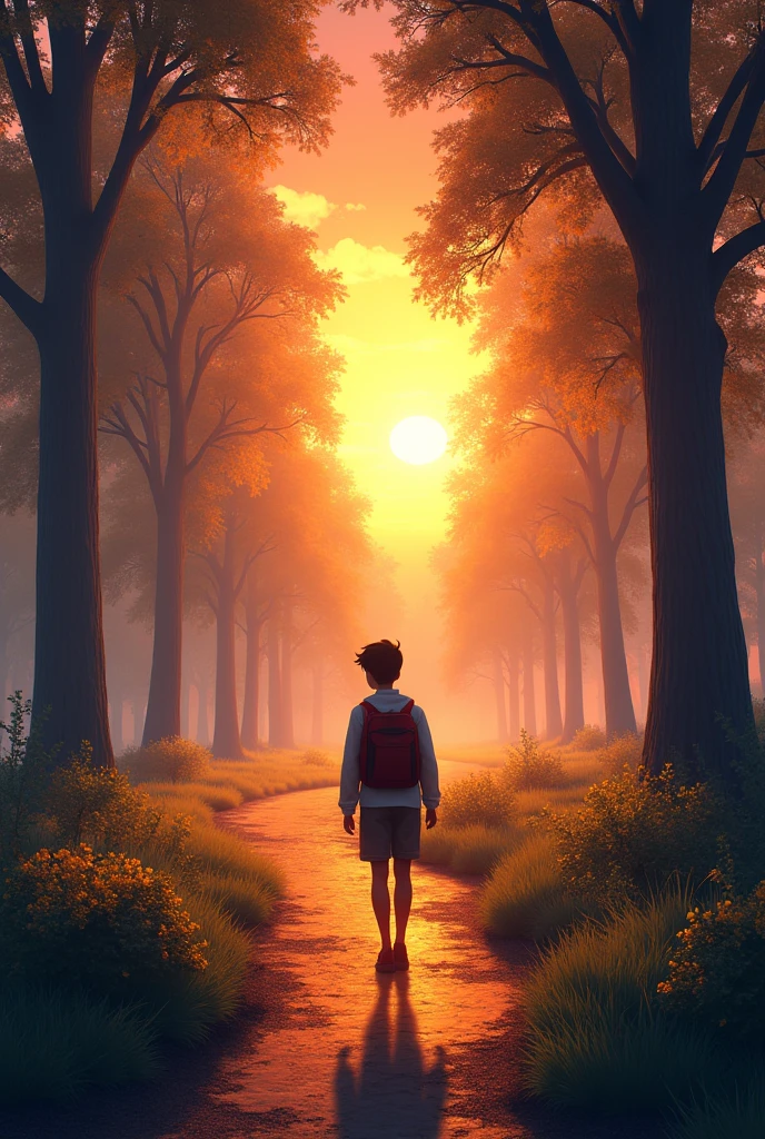 Image of e with hands held back to back going to school landscape sunrise and trees