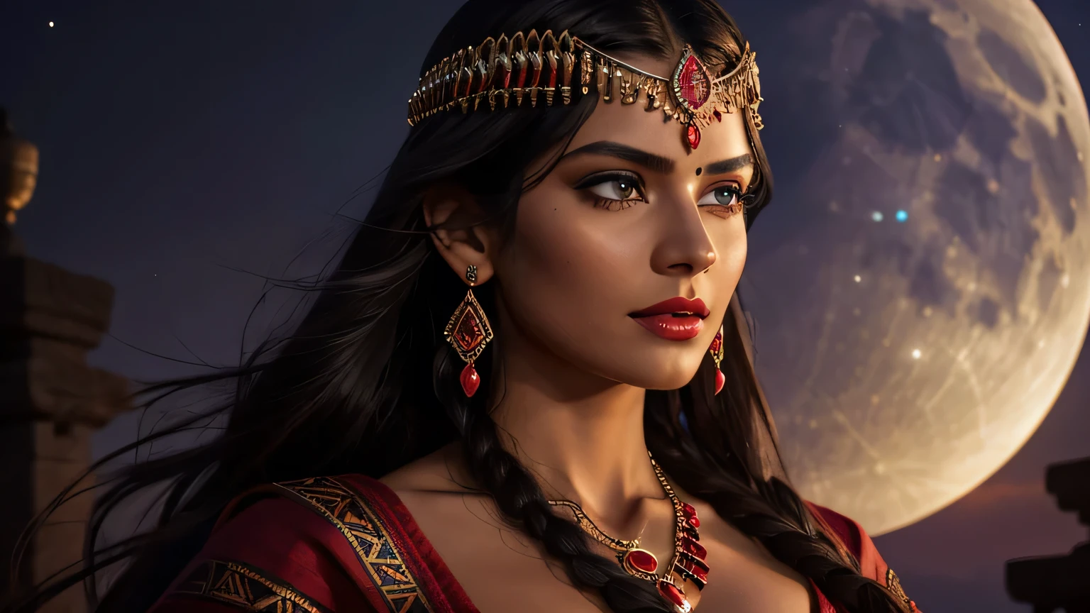 A beautiful Aztec woman with light brown skin, long flowing black hair, bright purple eyes, full red lips, wearing a red tunic that reveals her cleavage, adorned with jewelry on her neck and arms, standing under the moonlight, (best quality,4k,8k,highres,masterpiece:1.2),ultra-detailed,(realistic,photorealistic,photo-realistic:1.37),portrait,dramatic lighting,cinematic composition,volumetric lighting,intricate details,mesmerizing eyes,luscious lips,flawless skin,elegant jewelry,vibrant red tunic,moonlight glow,dramatic shadows,rich colors,aztec inspired