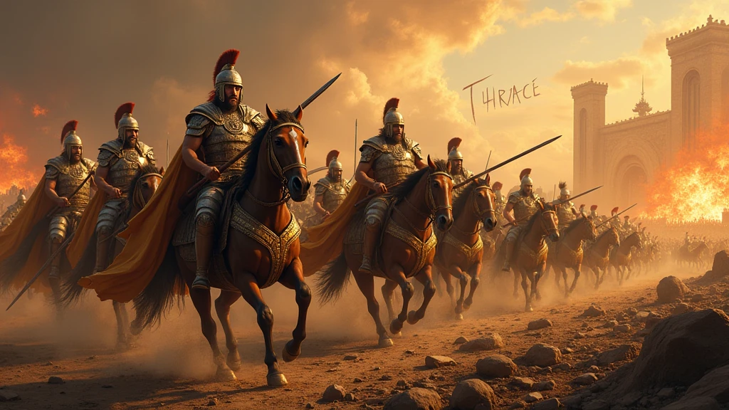 (photographie réaliste) Armée de thrace dans la grèce antique portant des armures étincelante à la lumière, des capes dorées, munie de leurs lances d'argents et leurs bouclier dorés, ils chargent vers les énnemies restant, sur un champ de bataille apocalyptique dévasté, jonché de cadavres suivant leur deux centurions légendaires. En arrière plan on apeçoit la ville de troies en feu. Dans le ciel il y a écrit "Thrace"