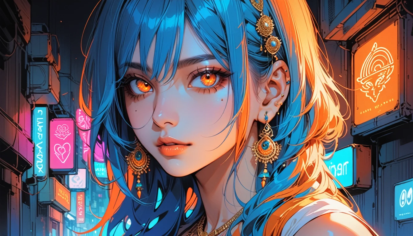Neon Art,Illustrator, anime , Realistic ,sketch, 1 person, ,lip,Bollywood,(masterpiece,Highest quality) Indian background, Orange and marine blue hair,Hanging eyes, (masterpiece,Highest quality) ,whole body,