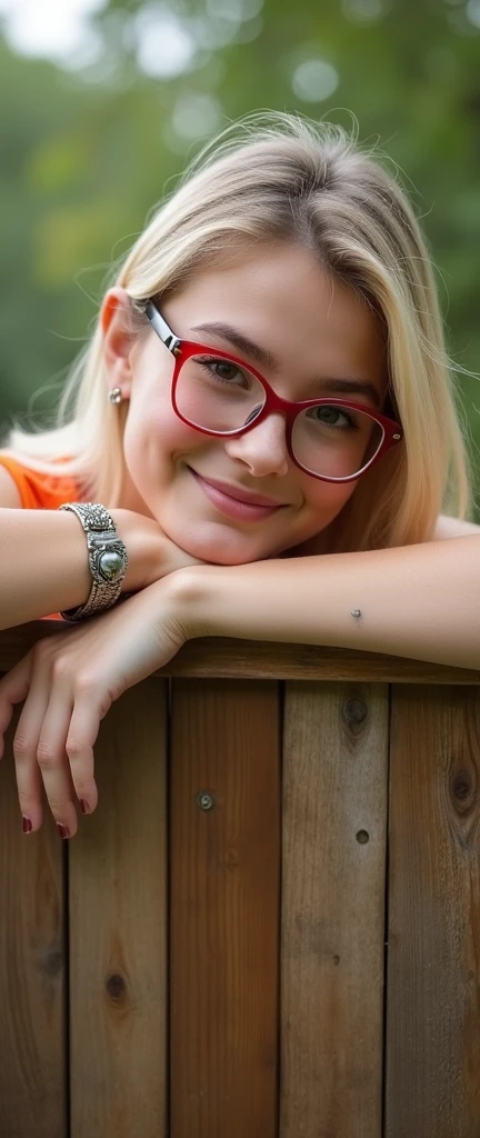 a 25 year old girl with blonde hair, wearing red spectacles, light brown skin, long eyelashes, saggy boobs, she has a silver color horsehoe septum piercing,. she also has one side dimple when smiling. she is smiling and resting her arms on the back fence while posing to the picture, holding a book on the left hand