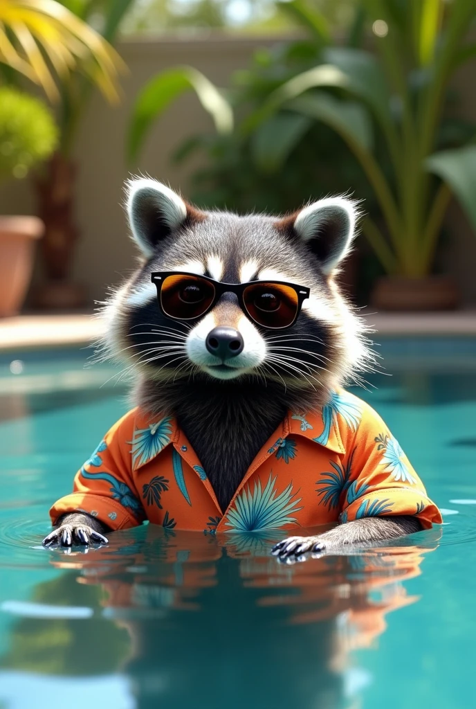 Adult male raccoon, in the pool, with Hawaiian blouse, rayban sunglasses 