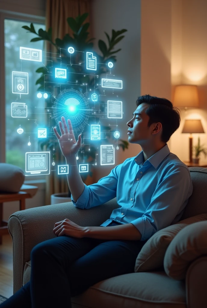 A person sitting on his sofa with laptop in front of him opened but swiping a 3d vfx projection of items to select 