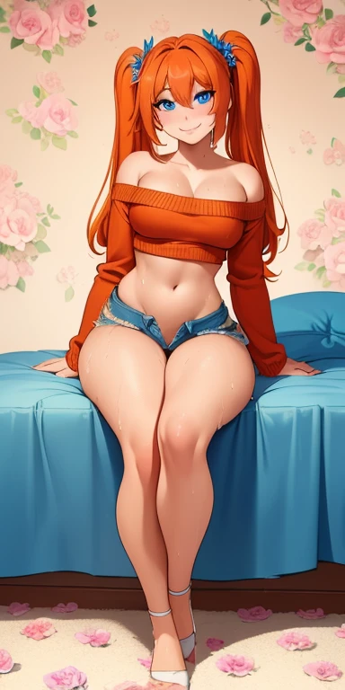 ((Masterpiece, flowers background, beautiful romantic room:1,2, masterpiece)) full body standing Red tiger print stockings, denim shorts, red off-shoulder sweater, navel (Karane) (blue eyes:1.5) Orange hair, hair between eyes, long hair twintails, sitting on the bed, legs open, deep green panty ((wet)), cute smile