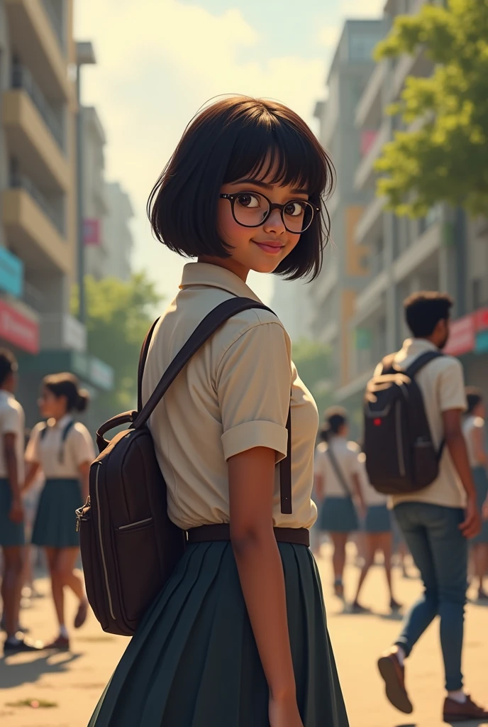 Indian girl looking back while she going to the class wearing round classes with short hair realistic