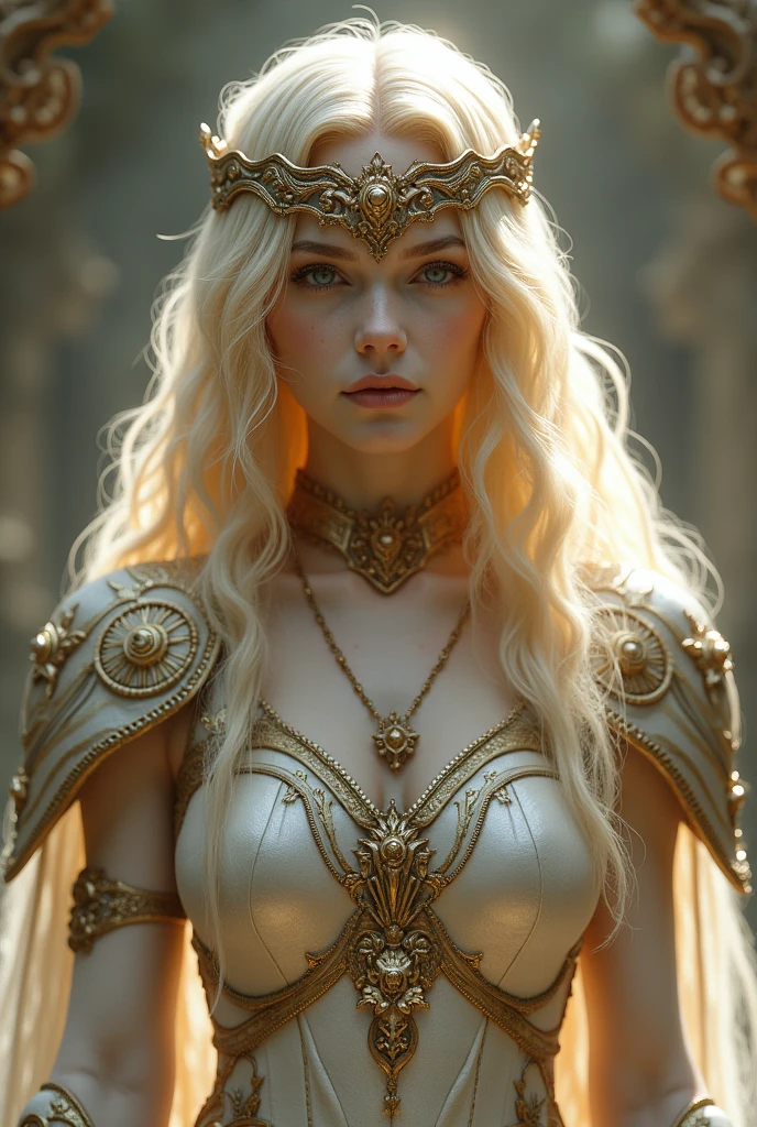 A pale-skinned Aasimar, golden wavy hair, armor in celestial tones, eyes covered by a band and a veil of devotion attached to her head 