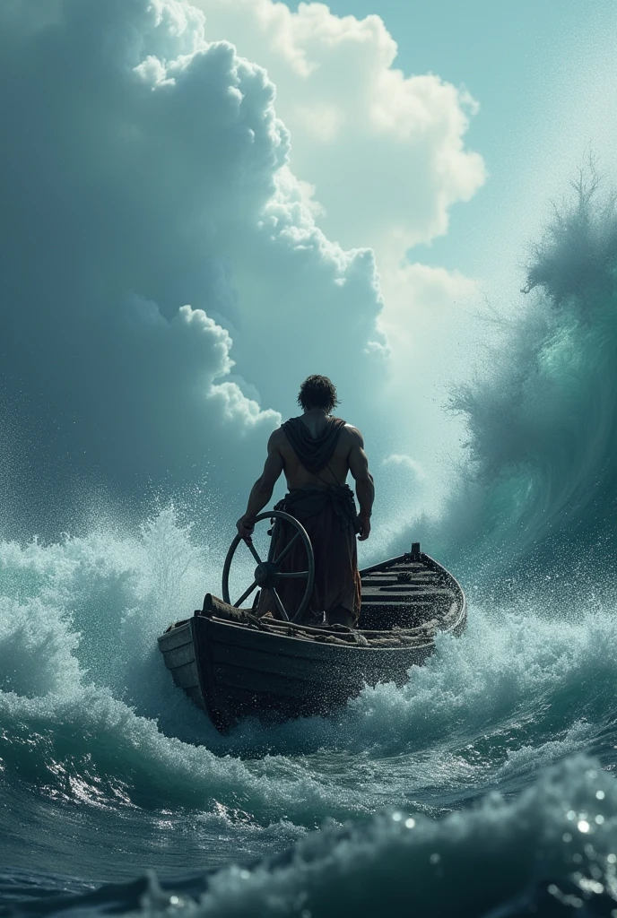 Man sailing on a boat with high waves in front