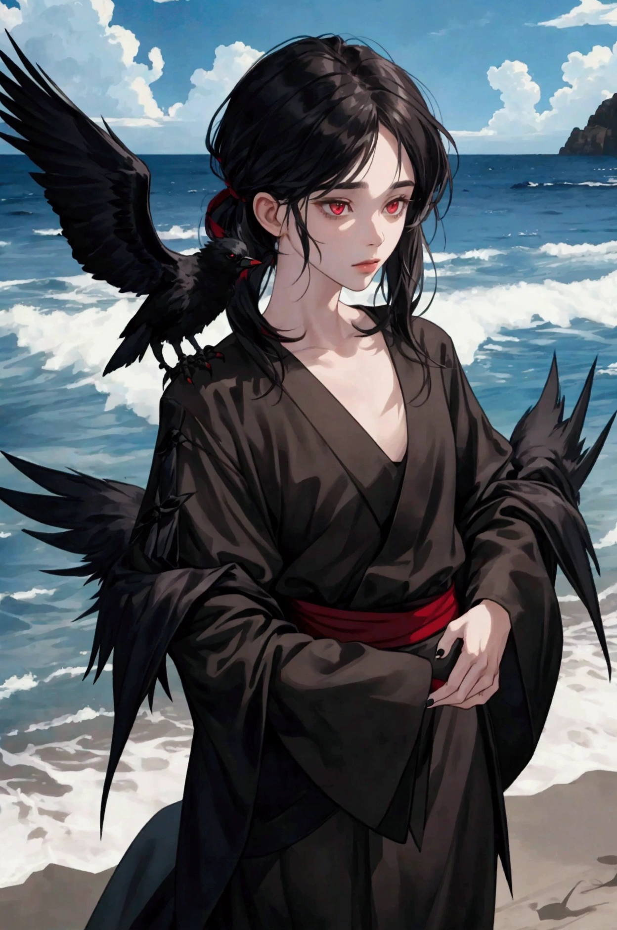 NSFW, short boy, feminine small shotacon, holding crow pet, small fragile body, black fur-lined clothes hanging on the shoulder, little to no clothes (showing core body), black hair, very messy mullet hair, bangs, shining crimson eyes, masterpiece, 8k, photorealistic, chiaroscuro lighting, dramatic shadows, cinematic composition, coast background, wearing black short, sharp black nails