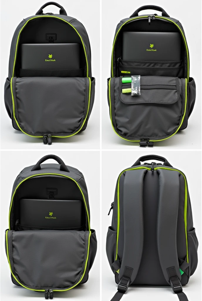 Shows only the inside of the backpack in a collage of 4 photos. The backpack is dark grey with neon edges. Name "EcoTech Pack" It must be in green inside the backpack. Do not include any part of the outside, the back or front. Details the computer compartment, the slots for pencils and markers, and document pockets. The backpack does not have side pockets, so don't include them.