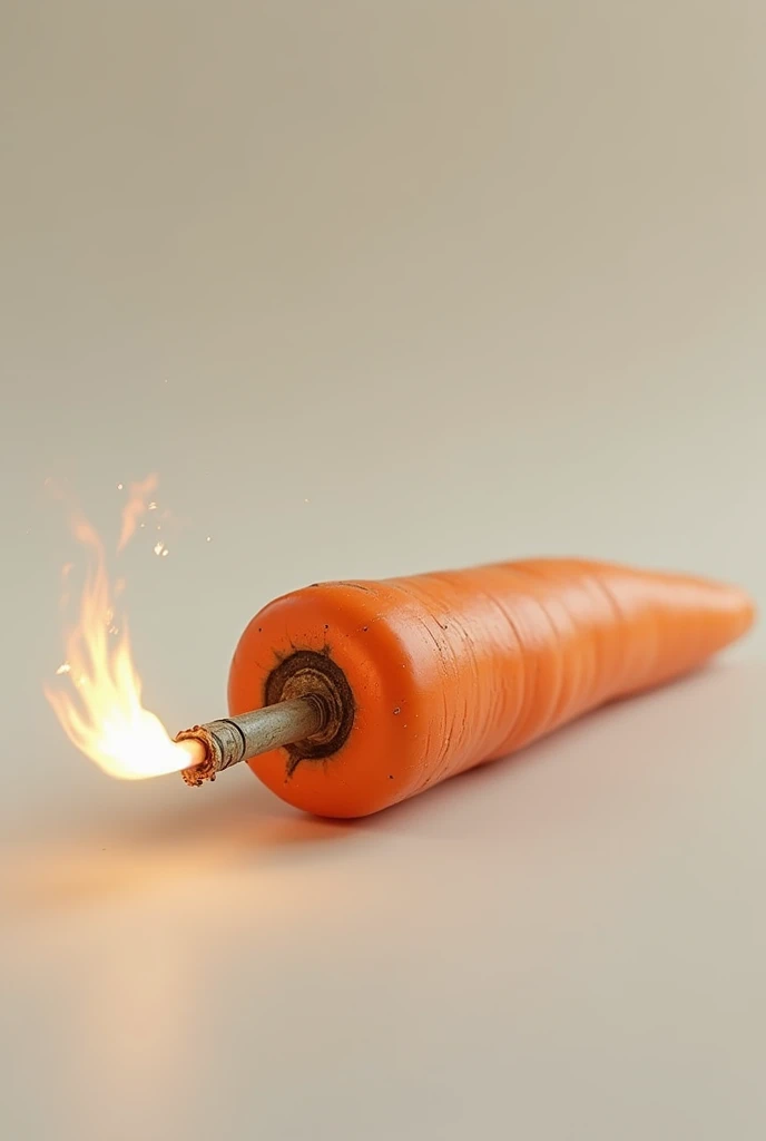 carrot lying horizontally with lit fuse at the tip, like dynamite, 8K, High Quality