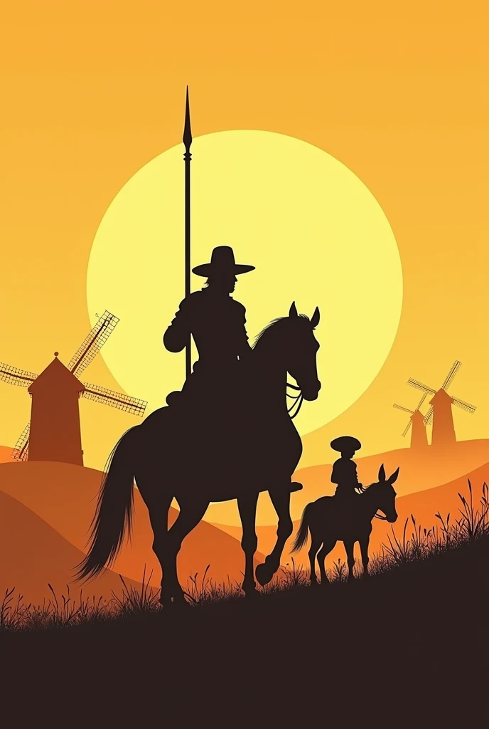 Create an illustration with just the silhouette of Don Quixote, a gentleman in iron armor and a lance on a horse, and his friend Sancho Panza, a short, pot-bellied man wearing a hat on his donkey, in a summer setting.. Remembering that the illustration must take place in 1605 and must have windmills and a very warm sun.


