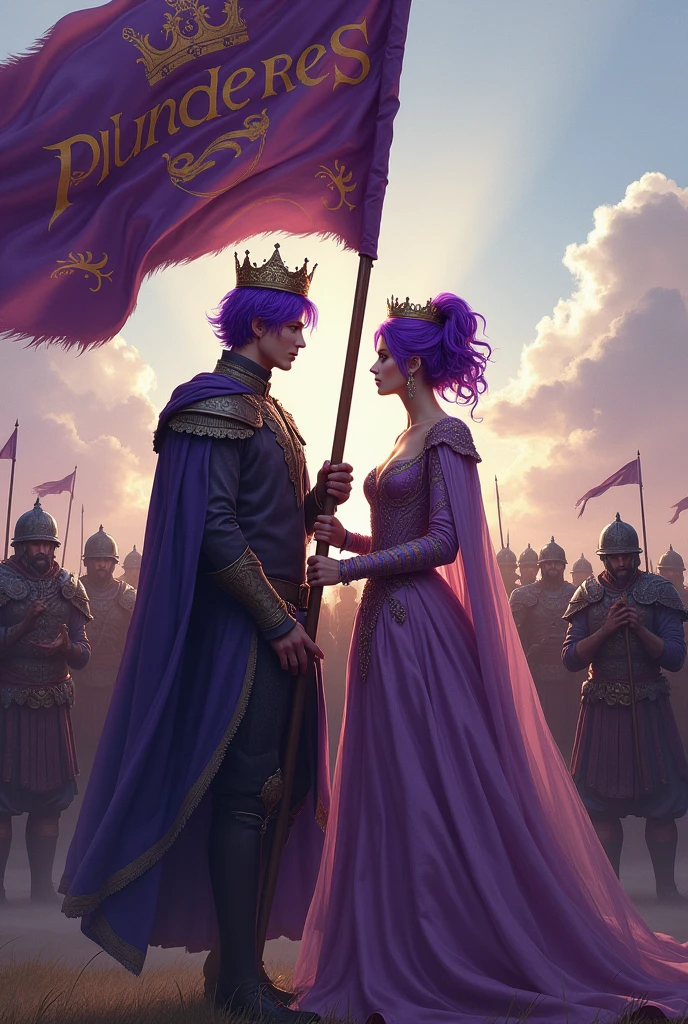 A purple haired man with a crown and a purple haired woman with a crown, holding the detailed flag with the word Plunderes in his hands and behind him his army of warriors 
