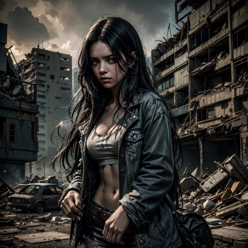 a young woman with long black hair, torn and worn clothes, looking restlessly towards the camera, smoking piles of rubble in the background, highly detailed, photorealistic, 8k, moody atmosphere, cinematic composition, muted color palette, gritty and grungy aesthetic
