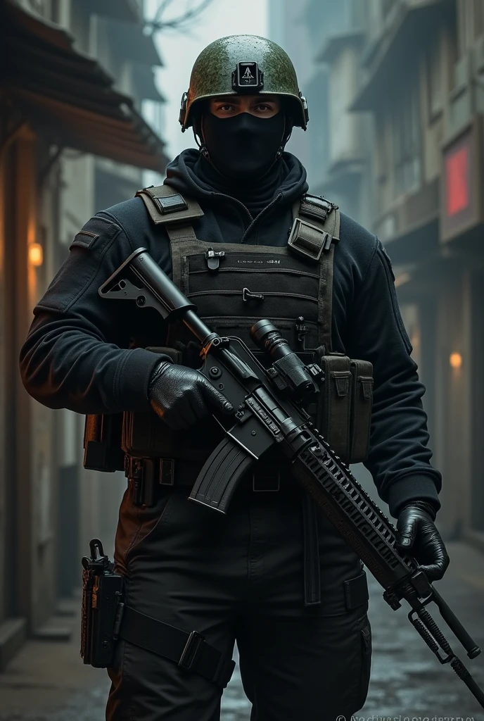 Tall strong man character, wearing a balaclava and a helmet with skull markings, uniform and holding a rifle